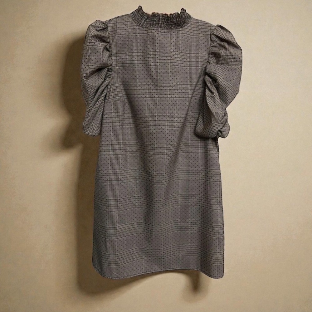 ZARA‎ Womens Plaid Polka Dot Puff Sleeve Smocked Mock Neck Mini Shift Dress XS